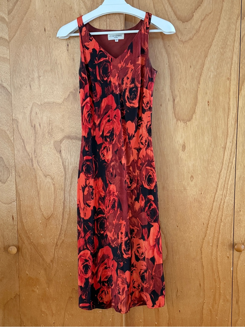 Vintage Red Floral V-Neck Silk Midi Dress
